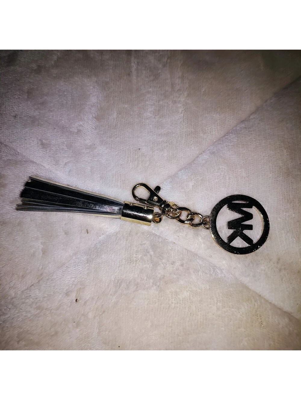 Michael Kors Gold MK Logo Charm Tan Leather Tassle 4 Handbag Purse Fob Hang Tag